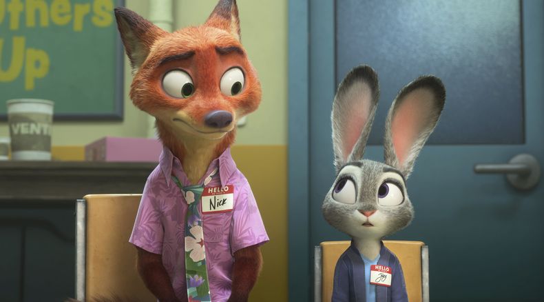 Esta imagen publicada por Disney muestra a Nick Wilde, con la voz de Jason Bateman, a la izquierda, y Judy Hopps, con la voz de Ginnifer Goodwin, en una escena de Zootopia 2. (Disney via AP)