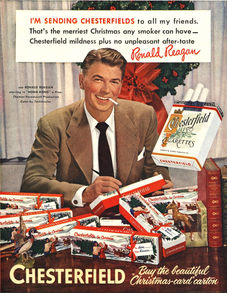 Anuncio de 1949 de la marca de cigarros Chesterfield donde aparece el entonces actor y futuro presidente estadounidense Ronald Reagan. El 11 de enero de 2014 se cumple medio siglo de que saliera a la luz en Estados Unidos un conocido estudio que puso en e