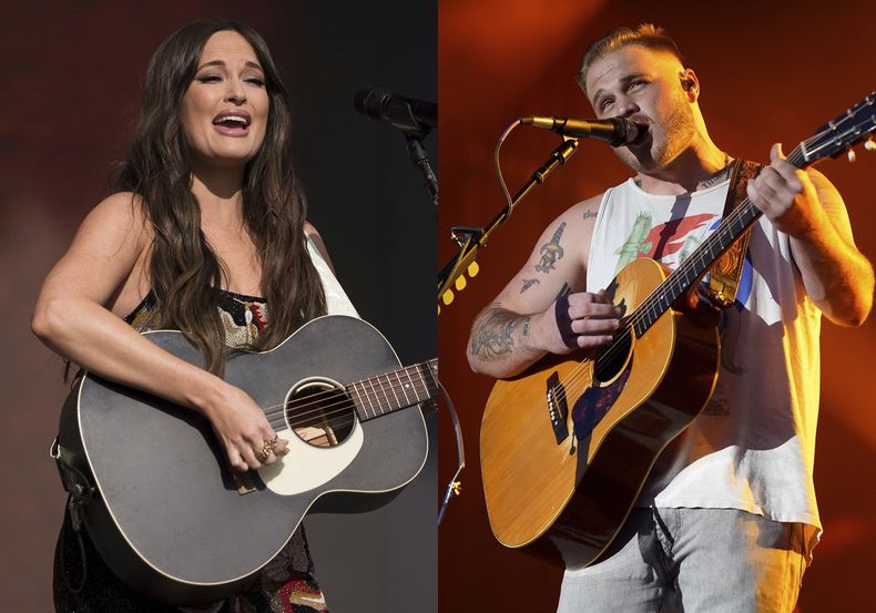 Kacey Musgraves durante su presentación en el Festival de Glastonbury en Worthy Farm, Somerset, Inglaterra el 26 de junio de 2022, izquierda, y Zach Bryan durante su presentación en e el festival Windy City Smokeout el 13 de julio de 2023, en Chicago. I Remember Everything de Bryan y Musgraves fue elegida una de las canciones del año por The Associated Press. (Foto AP)