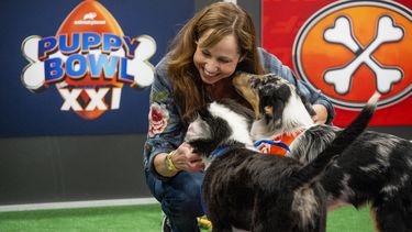 Esta imagen proporcionada por Animal Planet/Warner Bros. Discovery muestra a la entrenadora Victoria Schade interactuando con perros en el set de Puppy Bowl XXI, que se transmite el domingo. (Animal Planet/Warner Bros. Discovery via AP)