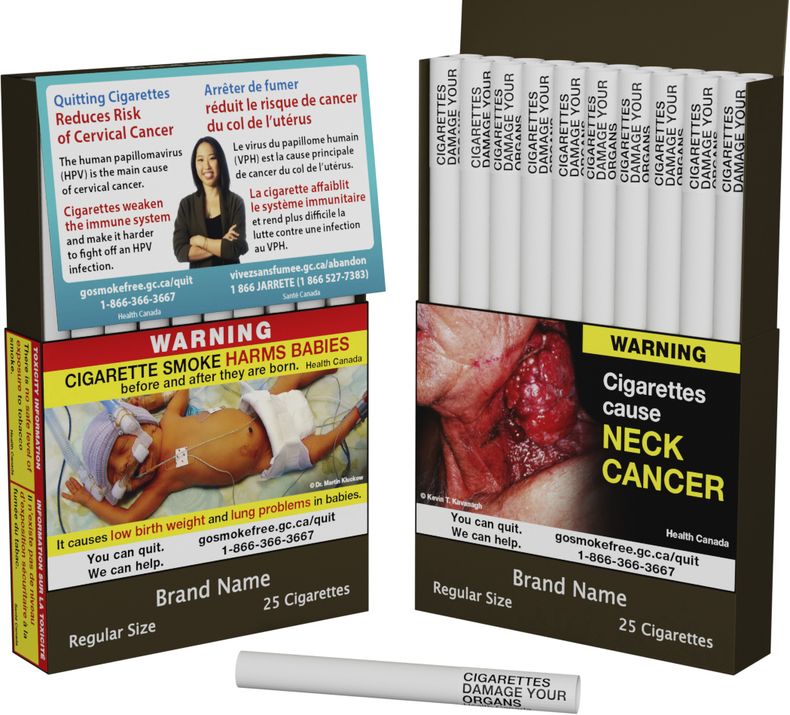 Esta imagen, distribuida por Health Canada muestra la frase de advertencia que mostrarán cada uno de los cigarrillos en Canadá, que se convertirá en el primer país del mundo en tomar esa medida para tratar de ayudar a dejar de fumar. (Health Canada/The Canadian Press vía AP)