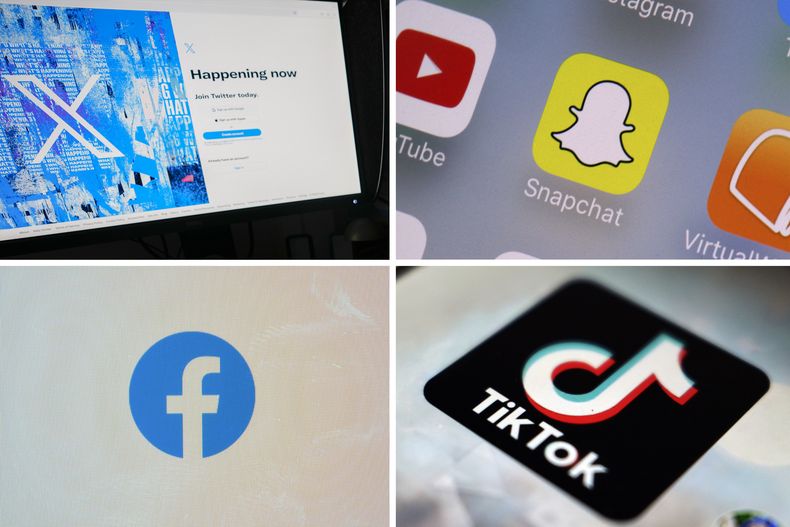 ARCHIVO - Esta combinación de imágenes muestra los logotipos de X, anteriormente conocida como Twitter (parte superior izquierda), de Snapchat (parte superior derecha), de Facebook (parte inferior izquierda) y de TikTok (parte inferior derecha). (AP Foto, Archivo)
