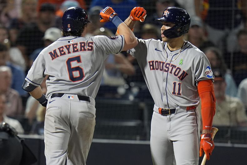 Jake Meyers (6), de los Astros de Houston, celebra con Cam Smith (11), quien está en el circulo de espera, después de que Meyers bateara un cuadrangular solitario frente a Manuel Rodríguez, de los Rays de Tampa Bay, durante la séptima entrada del juego de béisbol de Grandes Ligas, el lunes 19 de mayo de 2025, en Tampa, Florida. (AP Foto/Chris OMeara)