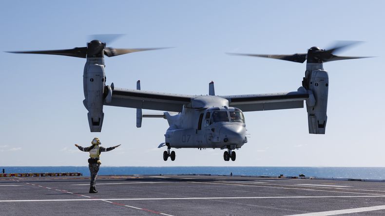 El marinero de primera Keely Hagedoorn, de la Real Armada de Australia, guía a un MV-22 Osprey de la Infantería de Marina de Estados Unidos en prácticas de despegue y aterrizaje sobre la cubierta del HMAS Adelaide en las Islas Whitsunday australianas, el 7 de agosto de 2023, durante los ejercicios militares Sea Raider. (Sargento Andrew Sleeman/Real Armada de Australia vía AP)