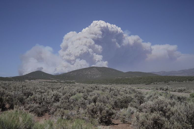 Una columna de humo se eleva desde el incendio de Cottonwood, cerca de Beaver, Utah, el viernes 26 de junio de 2026. (AP Foto/Ty ONeil)