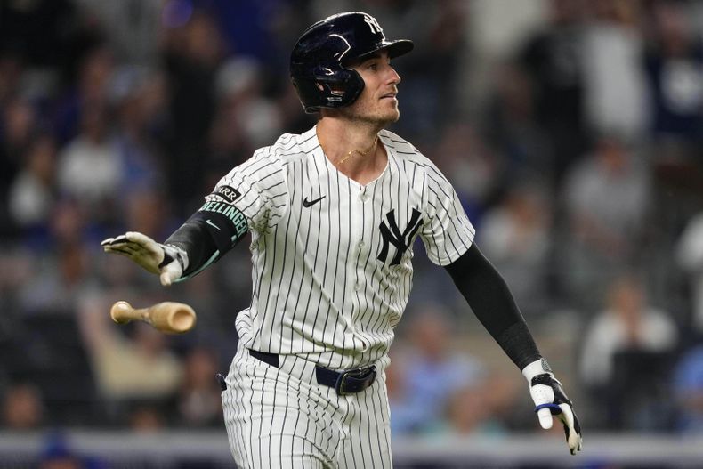 Cody Bellinger, de los Yankees de Nueva York, bateó un jonrón durante la octava entrada del juego de béisbol de Grandes Ligas frente a los Cachorros de Chicago, el viernes 11 de julio de 2025, en Nueva York. (AP Foto/Yuki Iwamura)