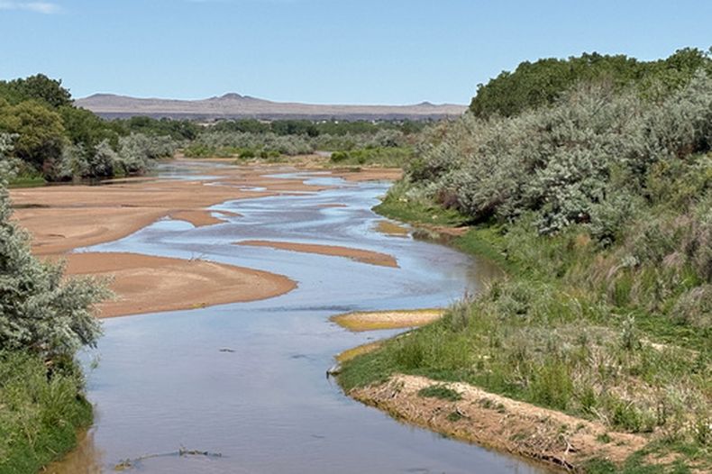 Bancos de arena surgen a lo largo del río Bravo a medida que algunos tramos del río comienzan a secarse, el 14 de mayo de 2026, en Albuquerque, Nuevo México. (AP Foto/Susan Montoya Bryan)