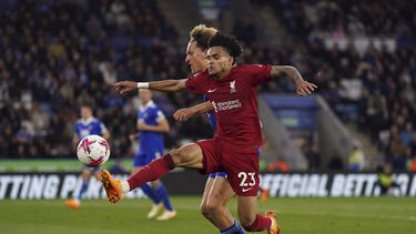 El delantero colombiano Luis Díaz (23) de Liverpool durante el partido contra Leicester en la Liga Premier, el lunes 15 de mayo de 2023, en Leicester, el lunes 15 de mayo de 2023. (Tim Goode/PA vía AP)