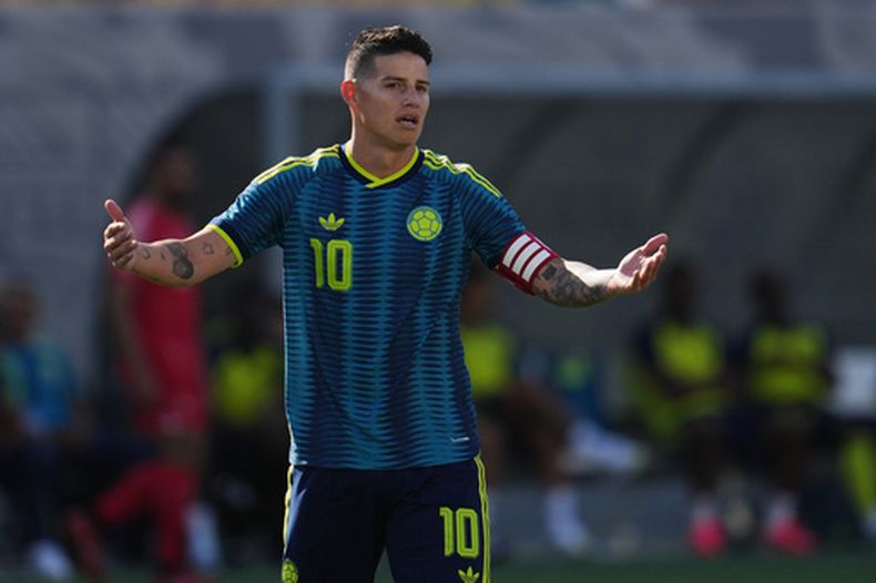 El mediocampista colombiano James Rodríguez durante la segunda mitad del partido amistoso entre Colombia y Jordania, el domingo 7 de junio de 2026, en San Diego. (AP Foto/Gregory Bull)