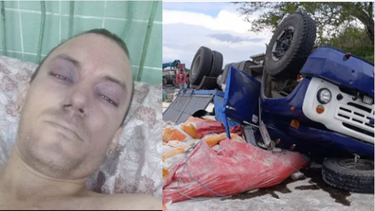 cuba: asi quedo el chofer del camion que se volco cargado de harina en la carretera central