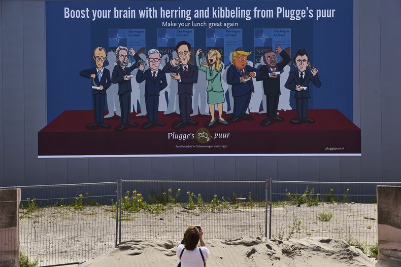 Una mujer toma una foto de un cartel con una caricatura de varios líderes mundiales incluyendo (de izquierda a derecha) el canciller de Alemania Friedrich Merz; el primer ministro de Holanda, Dick Schoof; el primer ministro británico, Keir Starmer; el secretario general de la OTAN, Mark Rutte; la primera ministra de Italia, Giorgia Meloni; el presidente de EEUU, Donald Trump; el de Turquía, Recep Tayyip Erdogan, y el de Francia, Emmanuel Macron, comiendo arenques y pescado frito en La Haya, Holanda, el 15 de junio de 2025. (AP Foto/Peter Dejong)