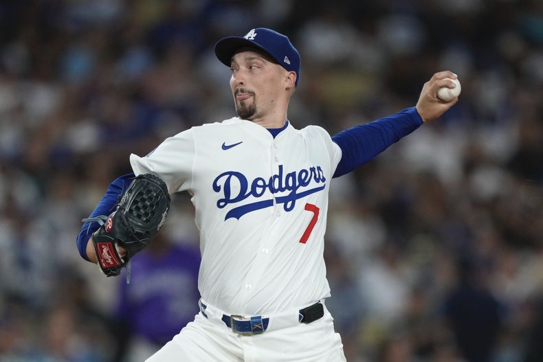 Blake Snell, de los Dodgers de Los Ángeles, cumple con su apertura el miércoles 10 de septiembre de 2025, ante los Rockies de Colorado (AP Foto/Mark J. Terrill)