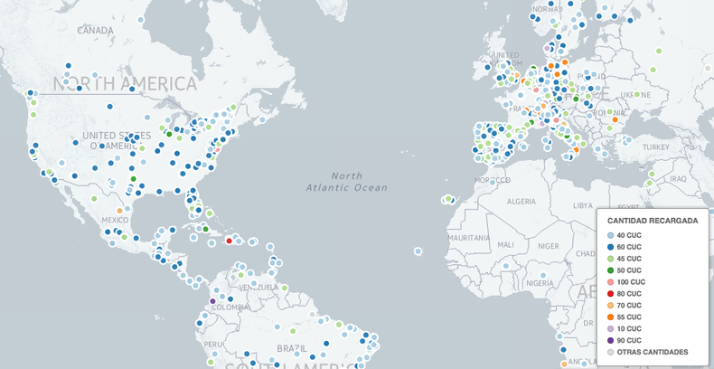 Origen de las recargas a celulares en Cuba por cantidad enviada (en CUC).