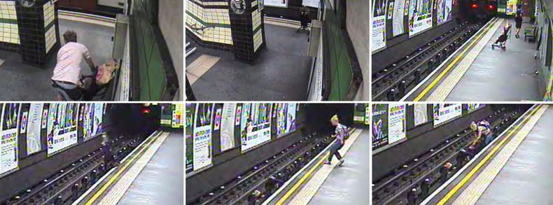 En esta imagen combinada tomada de un video grabado el 23 de julio de 2014 y distribuida por la Polic&iacute;a de Transportes brit&aacute;nica el lunes 11 de agosto de 2014, un ni&ntilde;o en un carrito es lanzado por el viento a las v&iacute;as del metro