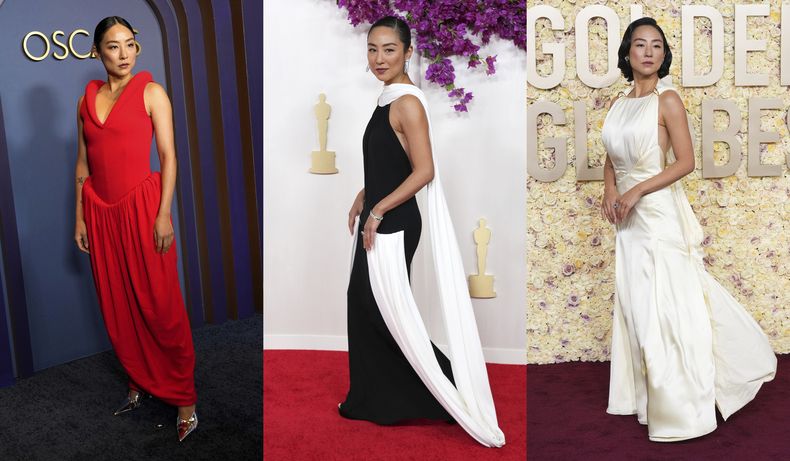 Esta combinación de fotografías muestra a Greta Lee en los Premios de los Gobernadores en Los Ángeles el 9 de enero de 2024, izquierda, Lee con un vestido blanco y negro de Loewe en los Oscar en Los Ángeles el 11 de marzo, centro, y Lee en un vestido crema en los Globos de Oro en Beverly Hills, California, el 7 de enero. (Foto AP)