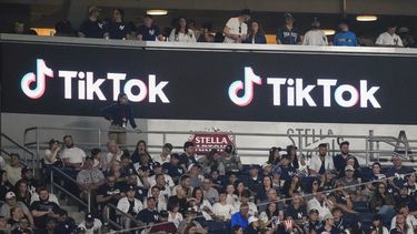 ARCHIVO - Aficionados están sentados bajo un anuncio de TikTok mientras asisten a un partido de béisbol en el Yankee Stadium, el 14 de abril de 2023, en Nueva York. (AP Foto/Frank Franklin II, Archivo)