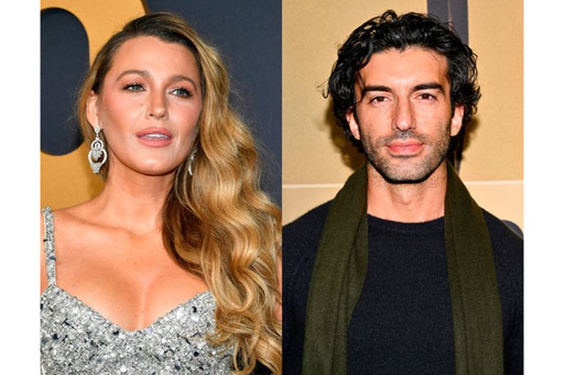 Blake Lively en el especial de aniversario de SNL50 en Rockefeller Plaza en Nueva York el 16 de febrero de 2025, izquierda, y Justin Baldoni en una proyección especial de The Boys in the Boat en Nueva York el 13 de diciembre de 2023. (Fotos Evan Agostini/Invision/AP)