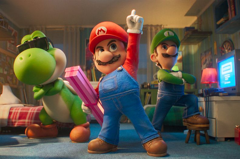 Esta imagen, difundida por Universal Pictures, muestra a Yoshi, con la voz de Donald Glover (izquierda), Mario, con la voz de Chris Pratt (centro), y Luigi, con la voz de Charlie Day, en una escena de The Super Mario Galaxy Movie. (Nintendo and Illumination/Universal Pictures via AP)