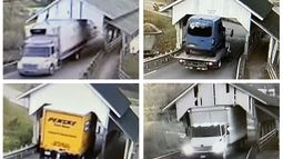 Esta selección de imágenes de un video de seguridad provisto por Michael Grant muestra grandes camiones atravesando el histórico puente cubierto de Millers Run en Lyndon, Vermont. Los conductores de camiones no prestan atención a los carteles de advertencia. (Michael Grant via AP)