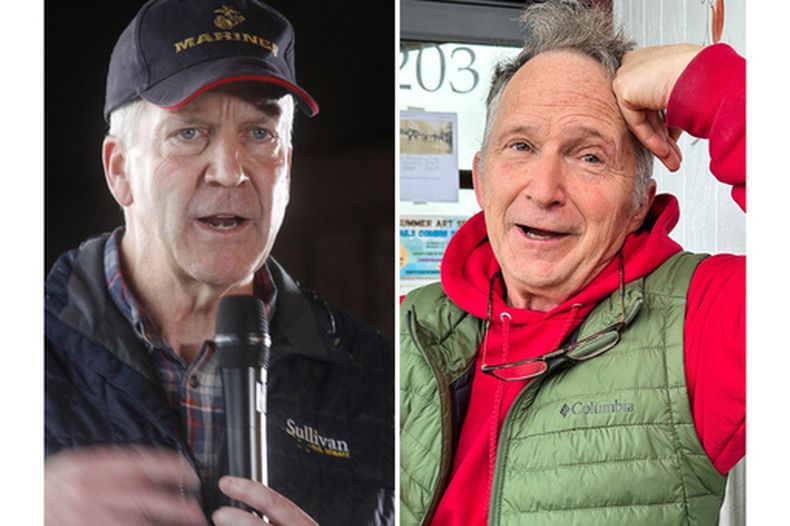 El senador Dan Sullivan (izq) en Palmer, Alaska, el 17 de agosto del 2026 y otro candidato al escaño senatorial con el nombre “Daniel J. Sullivan Jr en la papeleta, en Petersburg, Alaska, el 3 de julio del 2026. (AP fotos/Mark Thiessen/Becky Bohrer)