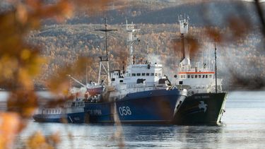 americateve | Esta fotograf&iacute;a difundida por Greenpeace el jueves 1 de octubre del 2013 muestra el barco Arctic Sunrise del organismo activista, derecha, anclado junto a un escampav&iacute;as de la Guardia Costera rusa en el golfo de Kolskii, cerca de Murmansk, R