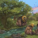 Esta ilustración, proporcionada por investigadores, muestra a simios de la especie Gigantopithecus blacki en un bosque en la región Guangxi del sur de China. (Garcia/Joannes-Boyau/Universidad Southern Cross)