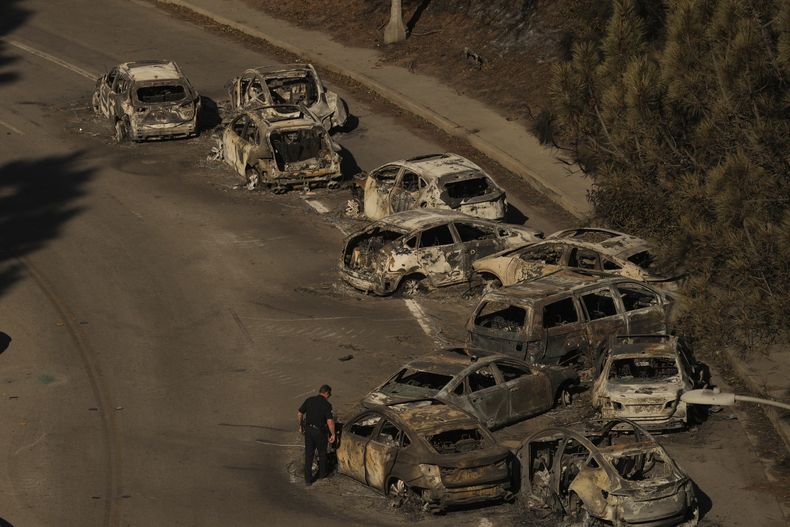 Agentes de policía inspeccionan coches abandonados en Sunset Boulevard durante el incendio de Palisades en Palisades, California, miércoles 15 de enero de 2025. (AP foto/Jae C. Hong)