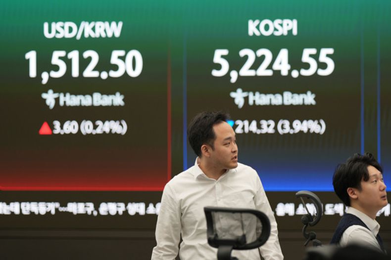 Operadores cerca de las pantallas que muestran el Índice Compuesto de Precios de Acciones de Corea (KOSPI por sus iniciales en inglés) a la derecha, y la tasa de cambio del dólar y el won surcoreano, el lunes 30 de marzo de 2026, en Seúl, Corea del Sur. (AP Foto/Lee Jin-man)
