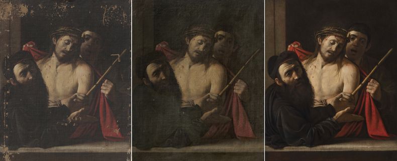 En esta combinación de fotografías proporcionada por el Museo del Prado el lunes 6 de mayo de 2024 la restauración de la obra Ecce Homo de Caravaggio. El Museo del Prado de España confirmó que una pintura que iba a ser subastada en Madrid en 2021 es en realidad una obra del maestro barroco italiano Michelangelo Merisi da Caravaggio que se consideraba perdida. (Museo del Prado, vía AP) Spains Prado Museum has confirmed that a painting that was due to be auctioned in Madrid in 2021 is in fact a work by Italian Baroque master Michelangelo Merisi da Caravaggio that was considered lost. (Prado Museum, via AP)