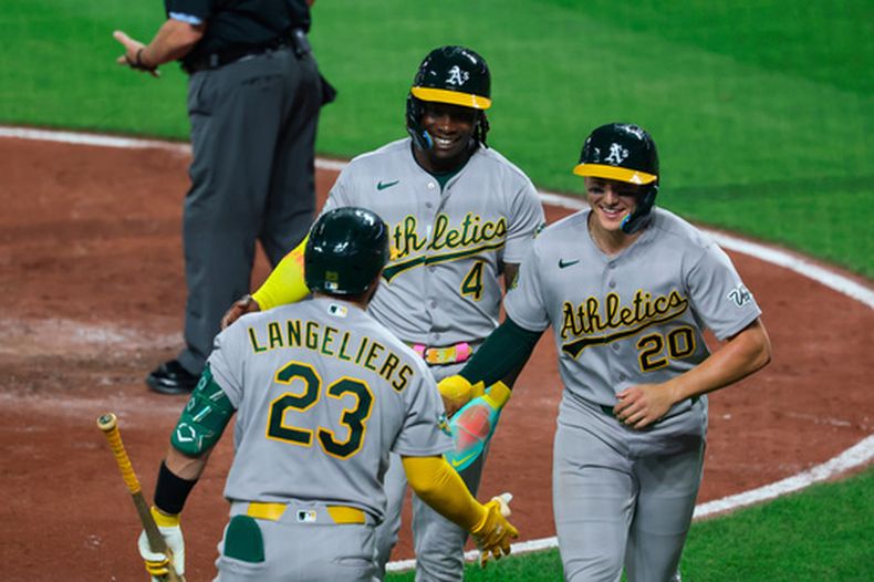 Lawrence Butler (4) y Zack Gelof (20), de los Atléticos de Oakland, son felicitados por Shae Langeliers, tras anotar en un triple de Nick Kurtz ante los Orioles de Baltimore, el viernes 8 de mayo de 2026 (AP Foto/Terrance Williams)
