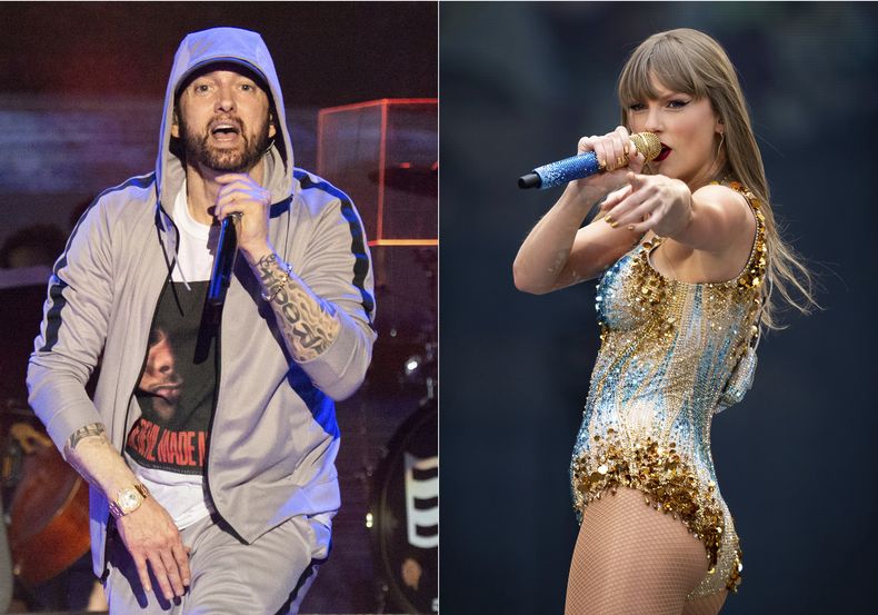Eminem se presenta en el Festival de Música y Artes Bonnaroo el 9 de junio de 2018, izquierda, y Taylor Swift se presenta en el estadio de Wembley en Londres como parte de su Eras Tour el 21 de junio de 2024. El duodécimo álbum de estudio de Eminem, The Death of Slim Shady ( Coup de Grâce), debutó en el número 1 del Billboard 200, desbancando a The Tortured Poets Department de Taylor Swift después de 12 semanas.(Foto AP)