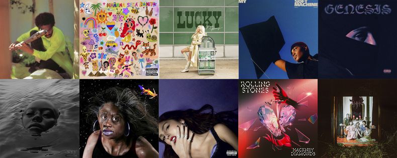 En esta combinación de fotografías las portdas de los álbumes, fila superior de izquierda a derecha, New Blue Sun de Andre 3000, Mañana será bonito de Karol G, Lucky de Megan Moroney, My Soft Machine  de Arlo Parks, Genesis de Peso Pluma, fila inferior de izquierda a derecha, Raven de Kelela, Sundial de Noname, GUTS de Olivia Rodrigo, Hackney Diamonds de The Rolling Stones y Rat Saw God de Wednesday. (Epic/Universal/Sony/Transgressive/Douple P/Warp/AWAL/Geffen/Universal/Dead Oceans vía AP)
