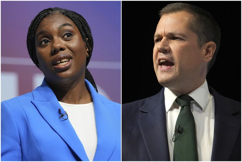En esta combinación de imágenes se muestra a los dos candidatos a liderar el Partido Conservador británico, Kemi Badenoch y Robert Jenrickon, durante sus intervenciones en la Conferencia del Partido Conservador en Birmingham, Inglaterra, el 2 de octubre de 2024. (AP Foto/Kin Cheung)