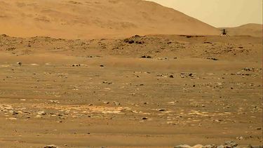 ARCHIVO - En esta fotografía del 30 de abril de 2021 tomada por el explorador Perseverance en Marte y proporcionada por la NASA, se muestra un helicóptero de la NASA volando en la superficie del planeta. (NASA/JPL-Caltech/ASU/MSSS via AP, Archivo)