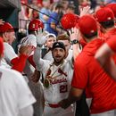 El venezolano Everson Pereira es felicitado tras conectar un jonrón por los Cardenales de San Luis ante los Filis de Filadelfia, el martes 11 de agosto de 2026 (AP Foto/Joe Puetz)