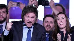 Javier Milei, candidato presidencial de la coalición La Libertad Avanza, habla en su sede de campaña luego de las elecciones primarias en Buenos Aires, Argentina, el domingo 13 de agosto de 2023. (AP Foto/Natacha Pisarenko)