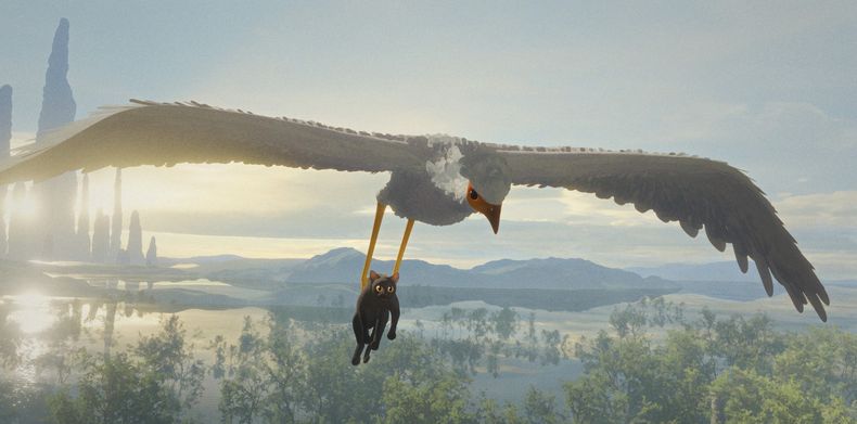 Esta imagen proporcionada por Sideshow y Janus Films muestra una escena de la película animada Flow. (Sideshow and Janus Films via AP)