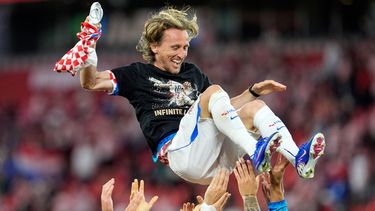 El volante croata Luka Modric celebra la victoria ante Panamá en el partido del Group L del Mundial, el martes 23 de junio de 2026, en Toronto. (AP Foto/Olivia White)