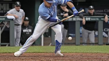 El venezolano Freddy Fermín, de los Reales de Kansas City, realiza un toque de bola ante los Medias Blancas de Chicago, el jueves 11 de mayo de 2023 (AP Foto/Charlie Riedel)