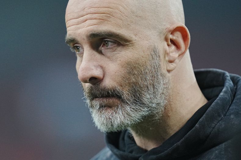 Pep Guardiola, técnico del Manchester City, antes de los octavos de final de la Conference League entre el FC Copenhagen y el Chelsea el jueves 6 de marzo del 2025. (Liselotte Sabroe/Ritzau Scanpix via AP)