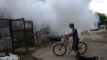 Un hombre camina con su bicicleta entre nubes de insecticida durante una campaña de fumigación para contener el dengue, en Rosario, Argentina, el martes 4 de abril de 2023. (Foto AP/Rodrigo Abd)