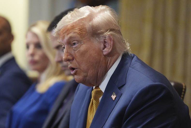 El presidente estadounidense Donald Trump, centro, habla en una reunión del gabinete en la Casa Blanca, el martes 8 de julio de 2025, en Washington. (AP Foto/Evan Vucci)