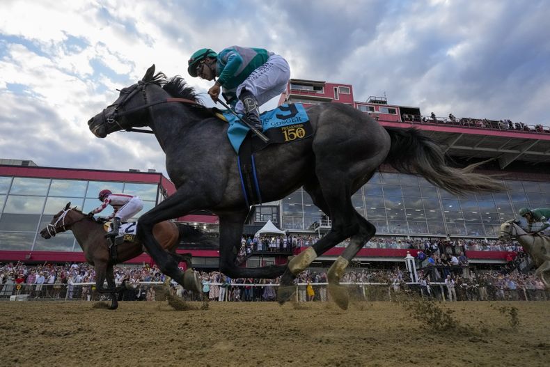 El italiano Umberto Rispoli (izquierda) monta a Journalism para ganar la 150ma edición de Preakness Stakes, el sábado 17 de mayo de 2025 (AP Foto/Stephanie Scarbrough)
