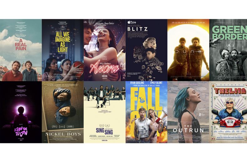 Esta combinación de imágenes muestra arte promocional de las películas A Real Pain, arriba desde la izquierda, All We Imagine As Light, Anora, Blitz, Dune: Part Two y Green Border. Fila inferior de izquierda a derecha, I Saw the TV Glow, Nickel Boys, Sing, Sing, The Fall Guy, The Outrun y Thelma. (Searchlight/Sideshow-Janus/Neon/Apple/Warner Bros./Kino Lorber/A24//Orion-Amazon/A24/Warner Bros/Sony Pictures Classics/Magnolia vía AP)