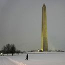 Una persona camina cerca del Monumento a Washington durante una tormenta de nieve invernal en Washington, el lunes 6 de enero de 2025. (AP foto/Matt Rourke)