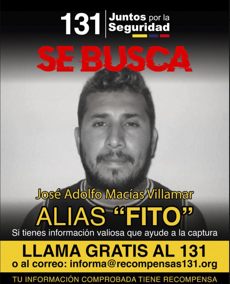 ARCHIVO - Este cartel de búsqueda publicado en la red social X por el Ministerio del Interior de Ecuador, el 9 de enero de 2024, muestra a Adolfo Macías, alias Fito, líder de la banda Los Choneros. (Ministerio del Interior de Ecuador vía AP, Archivo)