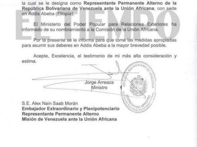 El oficio firmado por Jorge Arreaza (Crédito: El Tiempo)
