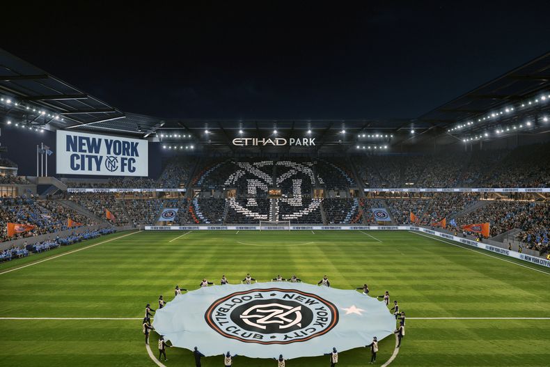 Imagen del futuro estadio del New York City FC, adjunto al estadio Citi Field de los Mets de Nueva York. Debe ser inaugurado en 2027. (HOK/NYCFC vía AP)