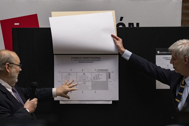 Andrés Tagle, presidente del Consejo Directivo del Servicio Electoral de Chile, a la izquierda, y Raúl García, director nacional del Servicio Electoral de Chile, muestran papeletas durante una conferencia de prensa sobre las próximas elecciones al Consejo Constitucional en Santiago, Chile, el martes 2 de mayo de 2023. El domingo 7 de mayo se elegirán los 50 redactores de una nueva constitución, el segundo intento por reemplazar la carta magna legada por los militares. (AP Foto/Esteban Felix)