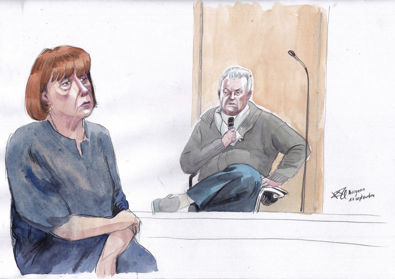 ARCHIVO - Este boceto realizado en la corte por Valentin Pasquier muestra a Gisèle Pelicot, a la izquierda, y a su exmarido, Dominique Pelicot, a la derecha, durante su juicio en la corte en Aviñón, en el sur de Francia, el 17 de septiembre de 2024. (AP Foto/Valentin Pasquier, Archivo)